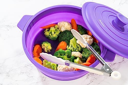 Bakerpan Collapsible Silicone Microwave Vegetable Steamer with Lid - 64 oz Silicone Steamer Pot for Cooking, Steaming & Reheating Food - BPA-Free, Dishwasher Safe