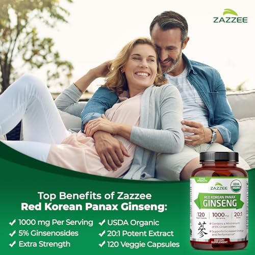 Zazzee USDA Organic Red Korean Panax Ginseng 20:1 Extract, 120 Capsules | 1000 mg Per Serving, 5% Ginsenosides, Vegan, 4 Month Supply