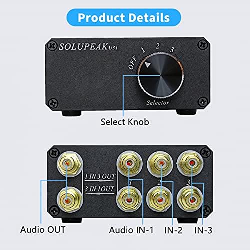 U31 3 Way RCA Audio Switcher, Stereo Audio Switch Selector Box