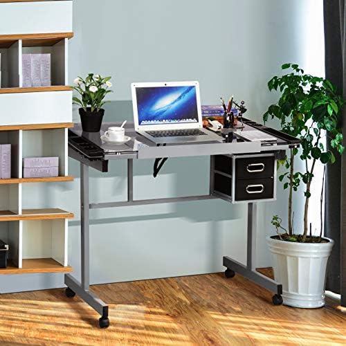Yaheetech Glass Drafting Table with Storage, Adjustable Art Drawing Desk | Tempered glass top on a steel frame tilts 0-60° for drawing, tracing