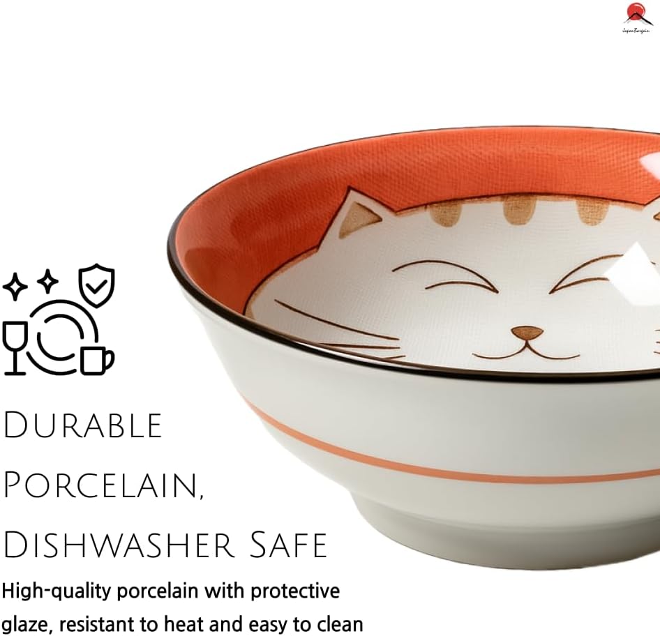 JapanBargain Set of 2 Japanese Porcelain Bowls, Large 7.5 Inch Ramen Udon Noodle Rice Soup Pho Poke Cereal Bowl, Maneki Neko Smiling Lucky Cat Pattern