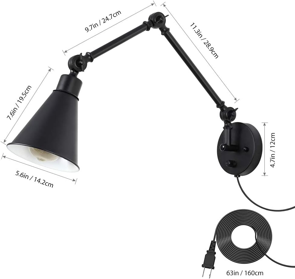 CADUKE Swing Arm Wall Lamp for Bedroom, Set of 2 Plug in Wall Light Fixture with Dimmable Switch