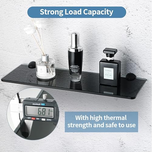 Alise Bathroom Glass Shelf, 15 Inch Floating Shelves for Wall, Matte Black