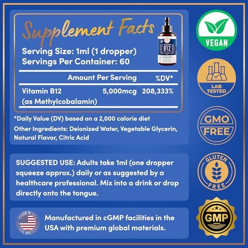 Vegan Vitamin B12 Liquid - Max Strength Methylcobalamin B12 Sublingual 5000 mcg - Fast Absorbing Supplement for Mood