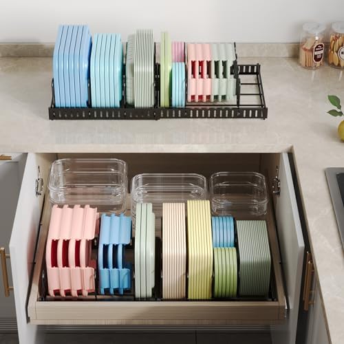 X-cosrack Expandable Food Container Lid Organizer, Large Capacity Adjustable 10 Dividers Detachable Lid Organizer Rack for Cabinets, Cupboards