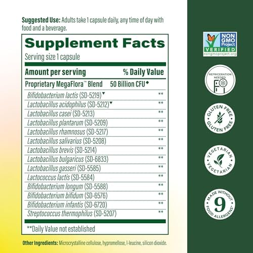 MegaFood MegaFlora Probiotic Plus, 50 Billion Live Cultures, 60 Capsules | Daily Probiotics for Women and Men, Supports Digestive Health, Immune Support Supplement, 14 Strains, Vegetarian, 60 Servings