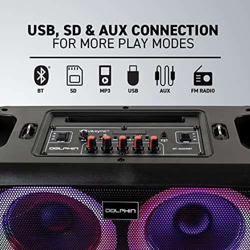 Dolphin Boombox Bluetooth Party Speaker with Wired Mic, Dual 6.5" Woofers | 1" Tweeter, WaveSync Pairing, LED Lights, USB/microSD/FM/AUX
