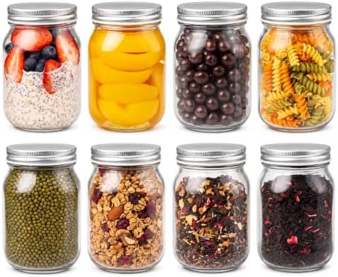 YINGERHUAN Glass Regular Mouth Mason Jars, 16 oz Clear Glass Jars with Silver Metal Lids for Sealing, Canning Jars for Food Storage, Overnight Oats