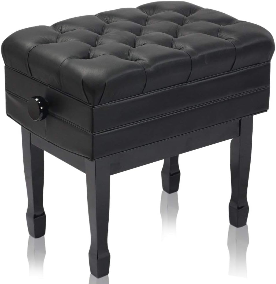 Griffin Piano Bench (Genuine Leather Plus Series) – Adjustable Ergonomic Keyboard Stool with Storage, Black Wood Frame for Home, Musicians