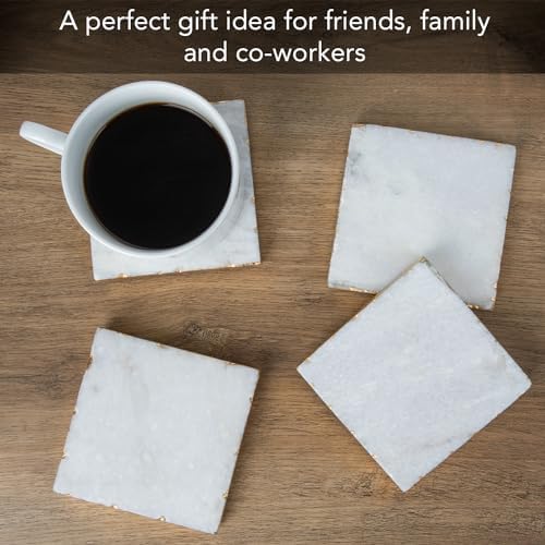 Thirstystone Square White Marble/Gold Edged Coasters (Set of 4), Multicolor | 4" Square, Non-Slip Feet, Absorbent, Elegant