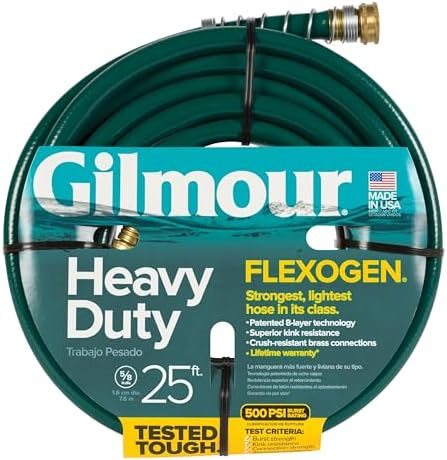 Gilmour 864751-1001 75ft Heavy Duty Flexogen Garden Hose, 5/8" Diameter | Heavy Duty Build, 500 PSI, Kink-Resistant Layers, Brass Fittings, All-Weather Durability, Made in USA