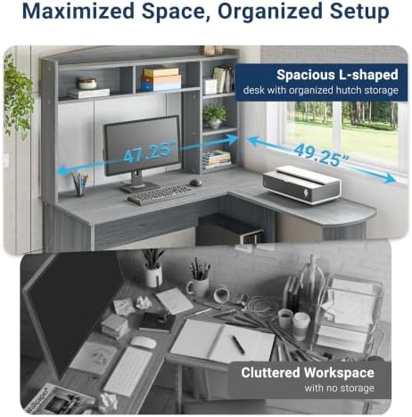 Techni Mobili Modern L-Shaped Desk with Hutch, Grey