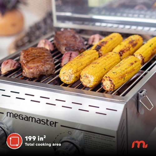 Megamaster Tabletop 2 Burner Gas Grill, Stainless Steel with Foldable Legs