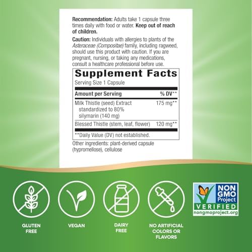 Nature's Way Milk Thistle Capsules, Supports Liver Function*, Vegan, 60 ct | Supports Liver Function & Liver Detox Pathways*, 175 mg Milk Thistle Seed Extract Standardized to 80% Silymarin per Serving