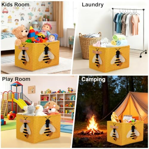 Cute Bee Square Storage Basket Bin Canvas Fabric Compressible Organizer Basket with Handle for Bedroom Nursery Office, 1PCS