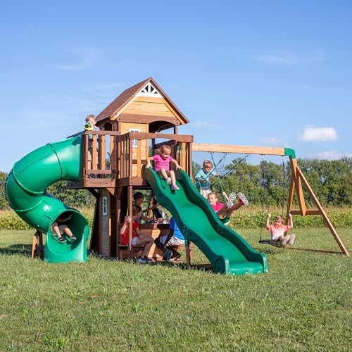 Backyard Discovery Cedar Cove Cedar Wood Swing Set with Spiral Tube Slide, Wave Slide, Clubhouse, Toy Grill, Snack Bar, Rock Wall, Belt Swings