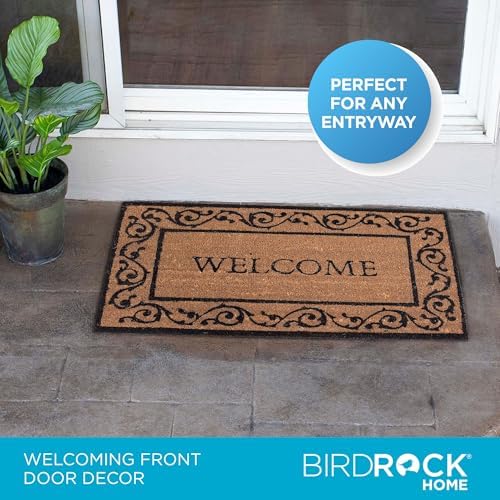BIRDROCK HOME Welcome Coir Doormat with Scroll Border | 18 x 30 Inch | Standard Welcome Mat with Black Decorative Border | Natural Fade | Vinyl
