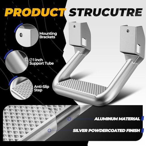 Auto Dynasty 1 Inch Universal Side Step with Mounting Brackets | Aluminum Step Rails Side Hoop Steps for Pickups & Trucks, Silver Powder Coated