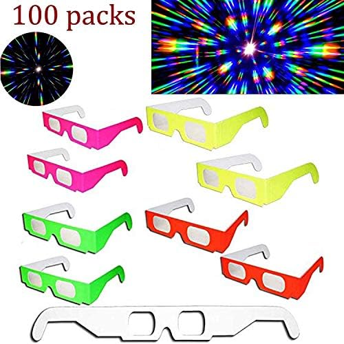 100 PAIRS 3D GLASS Rainbow Diffraction 3D Fireworks Glasses Neon Multi-Starbursts for Fireworks Displays/Holiday Lights/Club/Concert Lights (100