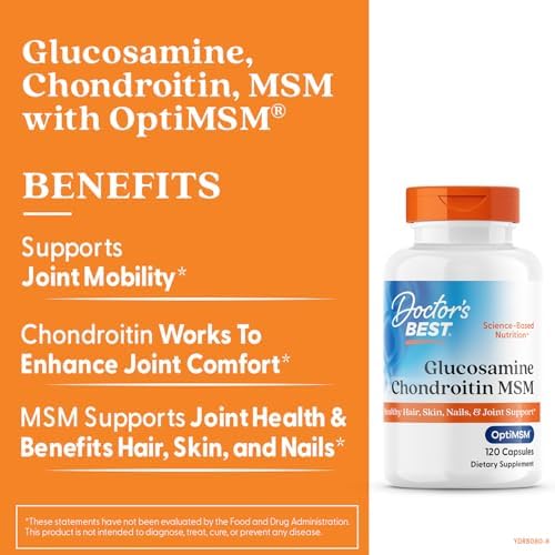 Doctor's BEST Glucosamine Chondroitin MSM - Joint Health Support Supplement for Women & Men, Nutritional Support for Joint Strength, Hair, Skin, & Nails, Gluten Free, Non GMO - 240 Capsules