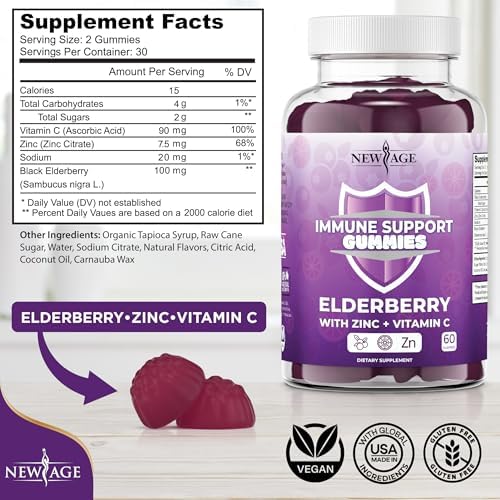NEW AGE Immune System Support Gummies - Sambucus Black Elderberry Gummies with Vitamin C and Zinc (120 Count (Pack of 2))