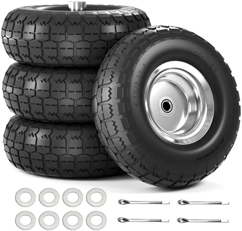 【UPGRADED】4.10/3.50-4 Tire and Wheel Flat Free, 10 Inch Solid Rubber Tire with 5/8”Axle Bore Hole and Double Sealed Bearings