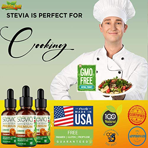 Caramel Premium Quality Stevia Drops. Organic Liquid Stevia, Sugar Substitute, Naturally Sweet, Non-Bitter, 0 Calorie, 0 Carb, NON-GMO