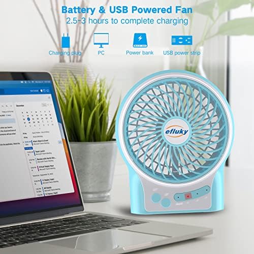 efluky 4.9-Inch Mini Desk Fan - 3 Speeds, Rechargeable Battery/USB Powered with LED Light, Quiet Portable Fan for Home, Office, Travel, Camping (Black)