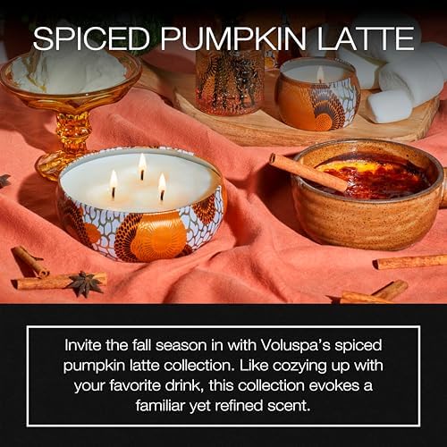 Voluspa Spiced Pumpkin Latte, 3 Wick Tin Candle, 12 Ounce, 40 Hour Burn Time, Coconut Wax for Clean Burning, Handcrafted in the USA