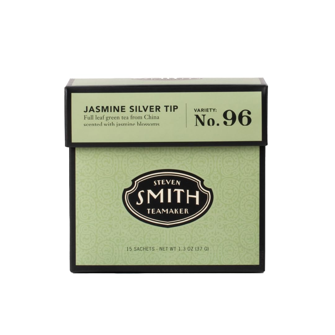 Steven Smith Teamaker, Jasmine Silver Tip, Green Tea, 15 Sachets 1.3oz each | Full Leaf Green Tea, Caffeinated, Sugar Free, Sustainably Grown