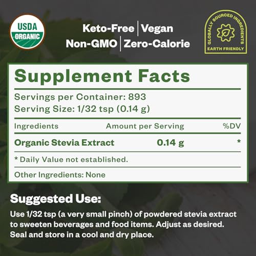 Organic Stevia Extract Powder, Concentrated Natural Sweetener for Coffee, Tea, Baking & Drinks, Zero Calorie, Non-GMO, Keto Friendly, 892 Servings