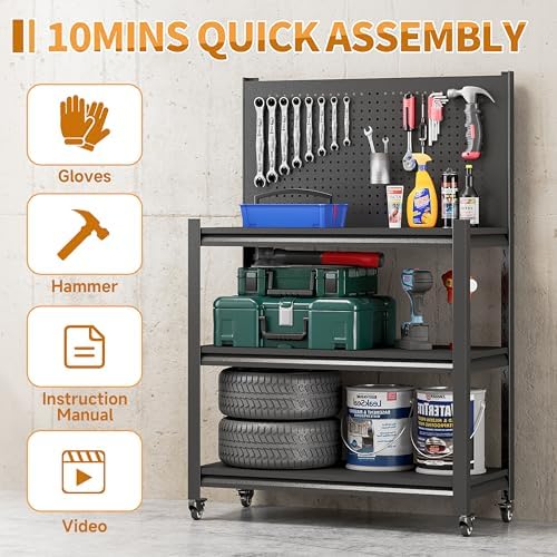 32" H Metal Garage Workbench with Wheels,3-Tier Garage Roling Tool Work Bench,Adjustable Heavy Duty Work Table on Wheels,Black Mobile Garage Workstation for Warehouse Workshop,Screwless Design