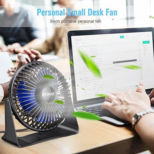 BESKAR USB Small Desk Fan, Portable Table Fans with 3 Speeds Strong Airflow