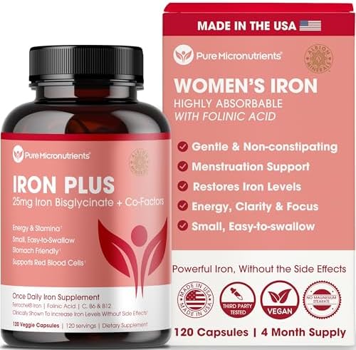 Iron Supplement for Women, Gentle Iron Bisglycinate 25mg, 120 Count | With vitamin C, B6, B12 & folic acid, supports iron deficiency