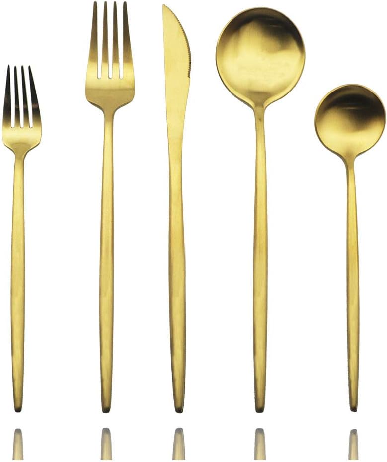 JASHII Luxury 18/10 Rainbow Flatware Set - 304 Stainless Steel Colorful Cutlery - 5-Piece Adaline Royal Modern Satin Finish for Birthday
