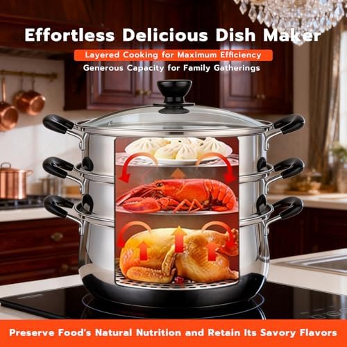 3-Tier 24 Qt Stainless Steel Steamer Pot with Glass Lid – Multi-Layer Stackable Cookware for Tamales