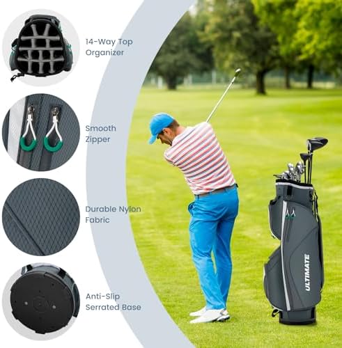 ULTIMATE 14-Way Golf Cart Bag, 3.7 LBS Lightweight Portable Golf Bag with Top Dividers, 7 Zipped Pockets Including Cooler Bag, Rain Hood