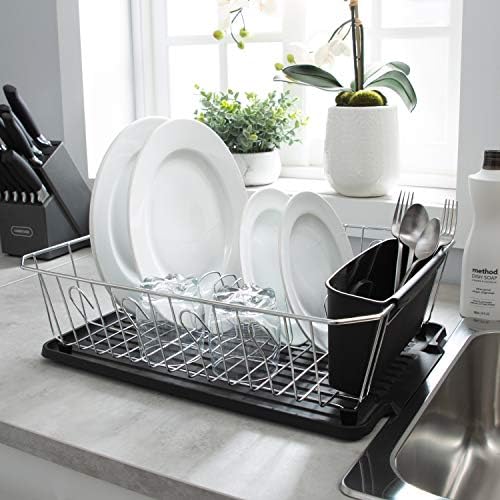 Kitchen Details 3 Piece Dish Rack | Drying Rack, Cutlery Basket & Drainboard Tray | Countertop | Self Draining | Open Wire Design | Chrome | White