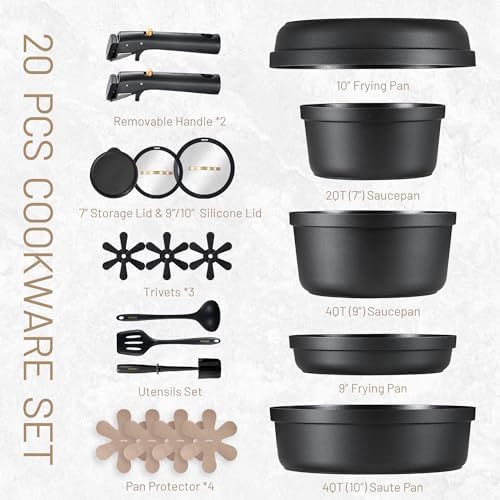 CAROTE 21pcs Pots and Pans Set Non Stick, Detachable Handle Cookware Sets | Ultra Nonstick, Space Saving, Dishwasher & Oven Safe