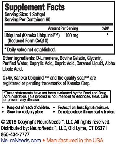 QNeeds® coqh-cf Ubiquinol 100 mg COQ10 Clinically Proven Enhanced Delivery for Maximum Absorption, Enhanced Mitochondrial Support