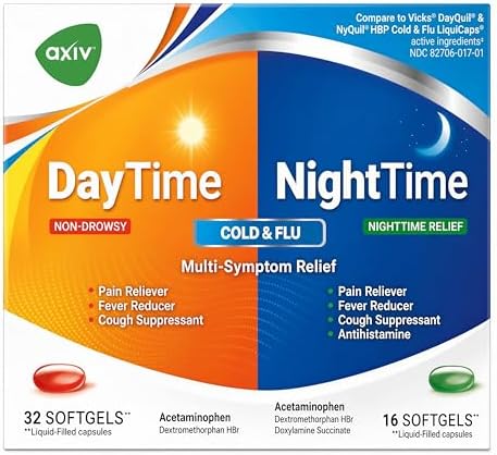 AXIV Day & Night Cold & Flu Medicine Combo Pack Softgels, Daytime & Nighttime Relief for Headache, Fever, Sore Throat, Minor Aches & Pains, & Cough