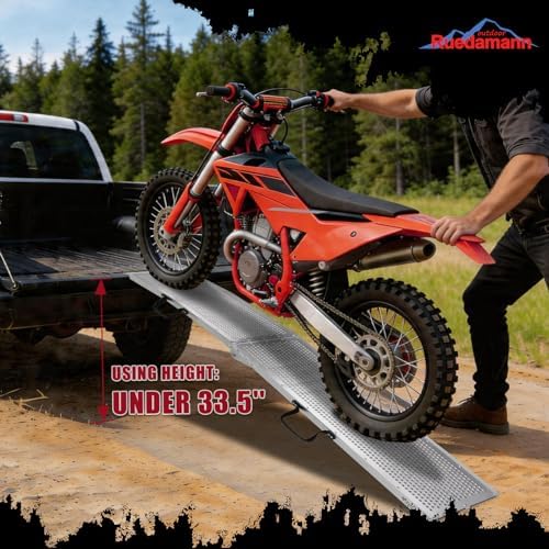 Ruedamann 7.5FT Aluminum Motorcycle Ramp, 750 lbs Capacity, 1 PC | Folding Truck Ramp for ATV, Motorcycle, Lawn Mower, Bike Ramp for Truck, Anti-Slip Loading Ramp for Dirt Bike