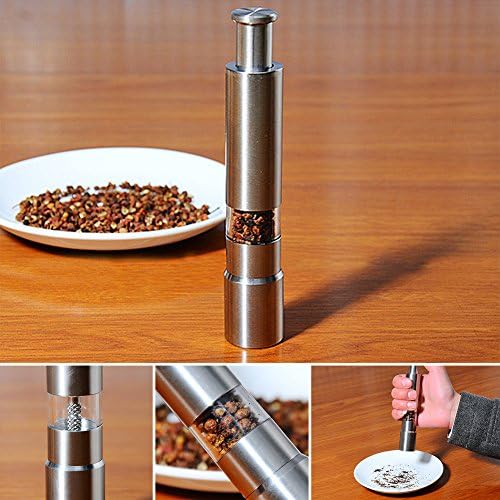 Salt and Pepper Grinder Set of 2, Stainless Steel Push Button Grinder Modern Design Thumb Grinder, for Black Pepper, Sea Salt and Himalayan Salt