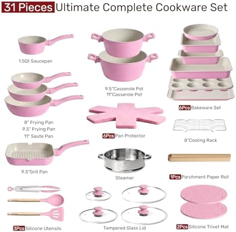 Kikcoin Pots and Pans Set Non Stick 31 Piece Kitchen Nonstick Cooking Cookware Sets with Grill Pan Saucepan Baking Sheet Utensil, Black
