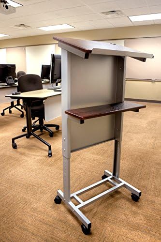 Stand Up Adjustable Height Lectern Podium | Rolling Desk with Storage Shelf | Ergonomic Standing Desk Frame for Office, Classroom, Laptop, Teaching, Presentations & More (Dark Walnut)