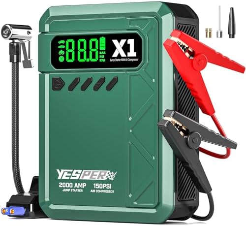 YESPER Jump Starter with Air Compressor 2000A 150PSI Battery Jumper Starter Portable(8L Gas/6L Diesel), 12V Car Jump Pack Battery Charger Jump Box with Jumper Cables, LCD Display, Lights | 2000A Battery Jumper Starter Portable(8L Gas/6L Diesel), Car Batt…