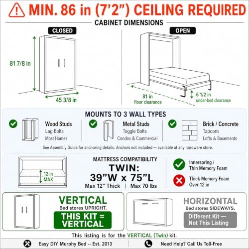 Queen Size Murphy Bed Hardware Kit — Vertical Wall Bed Frame | DIY Murphy Bed Kit with Gas Pistons + 3 Step-by-Step Guides | Made in North America | Hideaway Bed Mechanism