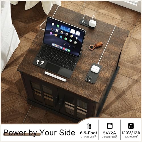 ChooChoo Farmhouse End Table with Charging Station & LED Light | Large Sofa Side Table, Rustic Square Nightstand, Glass Barn Door, Bedside Table, Storage, Living Room, Black