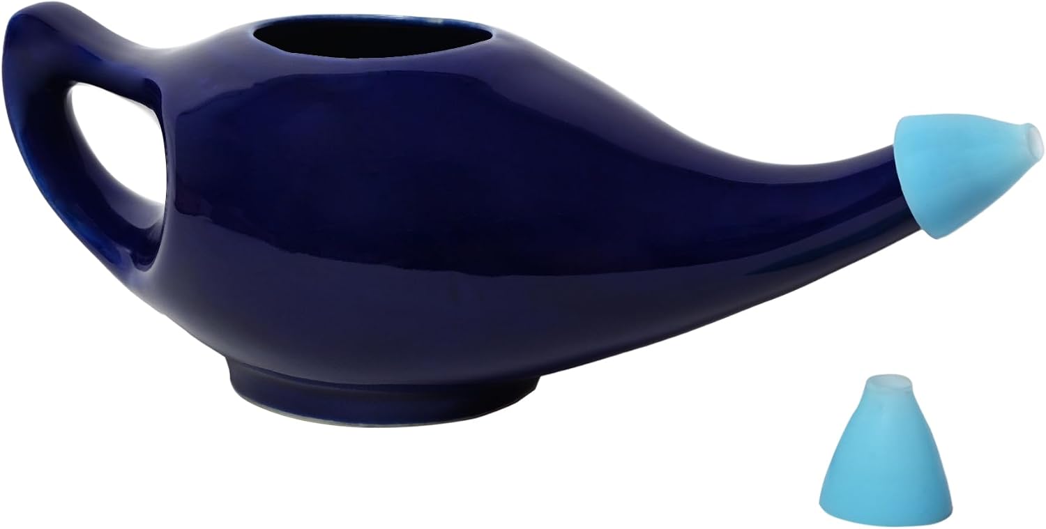 HealthGoodsIn Ceramic Neti Pot, Dishwasher Safe, Premium Handcrafted with 2 Silicone Nozzle and Salt for Sinus - 225 Ml. Capacity (Brown)