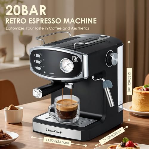 Plum chef Espresso Machine 20 Bar, Household Coffee Maker with Milk Frother Steam Wand, Pressure Gauge, 54oz Large Water Tank, Low Noise Fast Brew for Cappuccino Latte Macchiato Home Office